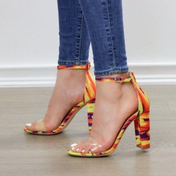 Shoes - Ankle Strap Chunky Heeled Sandals, Clear Toe Band